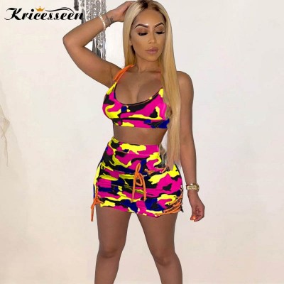Kricesseen Fashion Camo Print Women Tracksuit Set Two Piece Womens Camouflage Printed Crop Top And Eyelet Details Shorts Set
